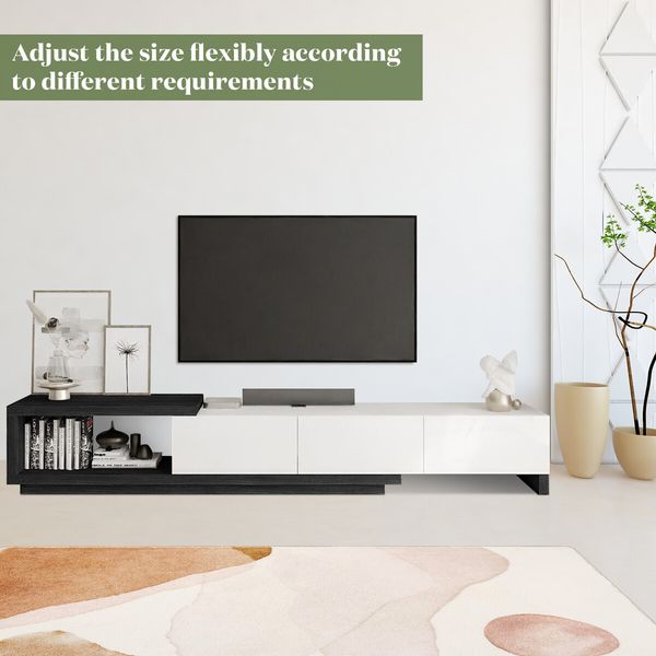 Extendable TV Unit Entertainment Centre Storage Cabinet Stand Console Bench Table 190 To 260cm 3 Drawers Black and White