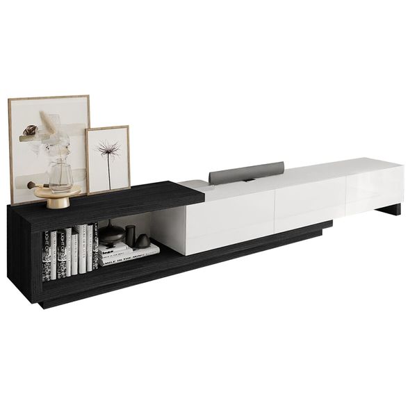 Extendable TV Unit Entertainment Centre Storage Cabinet Stand Console Bench Table 190 To 260cm 3 Drawers Black and White