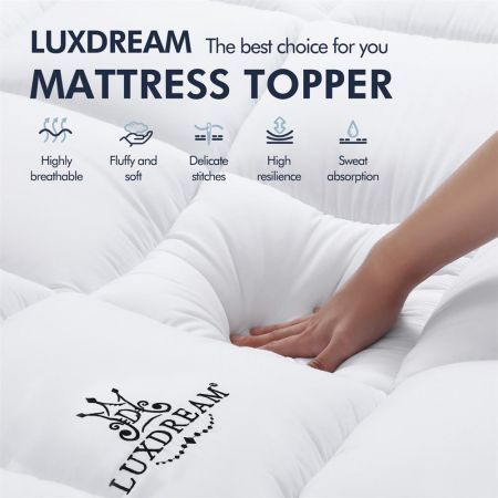 Queen Size Mattress Topper Soft Pillowtop Bed Mat Pad for Back Pain with Skirt White Luxdream 1000gsm