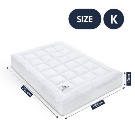 King Mattress Topper Soft Pillowtop Bed Pad Mat for Back Pain with Skirt White Luxdream 1000gsm