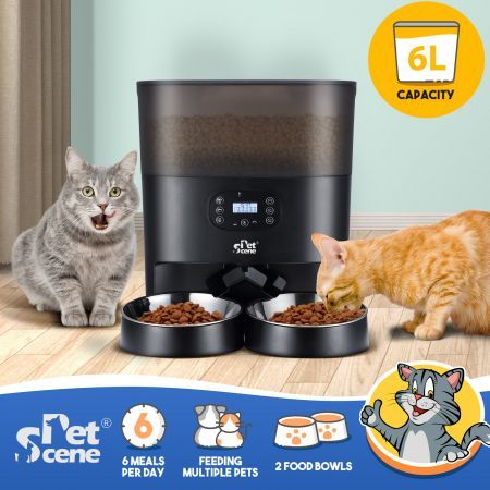 Automatic Pet Cat Feeder Dog Auto Dual Bowls Timed Food Dispenser 6L with Voice Recorder Petscene Black