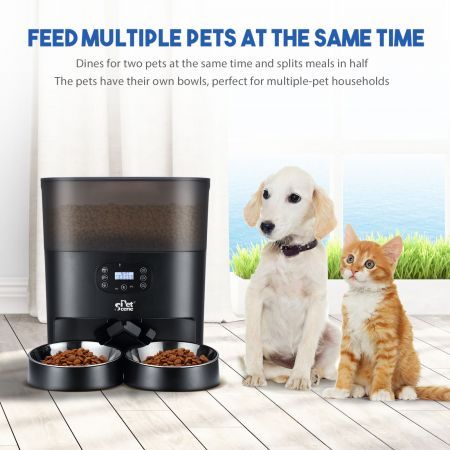 Automatic Pet Cat Feeder Dog Auto Dual Bowls Timed Food Dispenser 6L with Voice Recorder Petscene Black