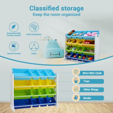 Kids Toy Box Bookshelf Organiser Storage Rack Display Shelf 16 Plastic Bins Drawers Unit Multicolour Kidbot