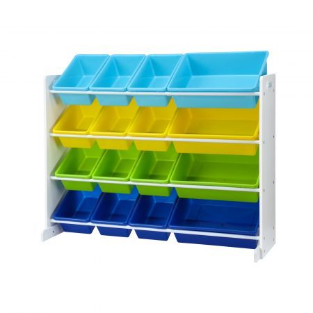 Kids Toy Box Bookshelf Organiser Storage Rack Display Shelf 16 Plastic Bins Drawers Unit Multicolour Kidbot