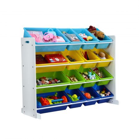 Kids Toy Box Bookshelf Organiser Storage Rack Display Shelf 16 Plastic Bins Drawers Unit Multicolour Kidbot