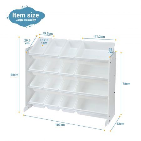 Kids Toy Box Organiser Bookshelf Storage Rack Display Shelf 4 Tier 16 Plastic Bins Drawers Unit White Kidbot 