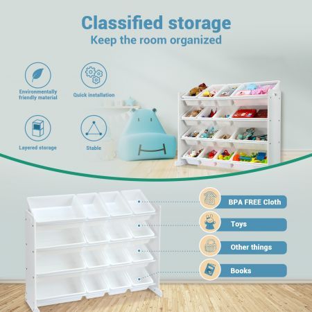 Kids Toy Box Organiser Bookshelf Storage Rack Display Shelf 4 Tier 16 Plastic Bins Drawers Unit White Kidbot 