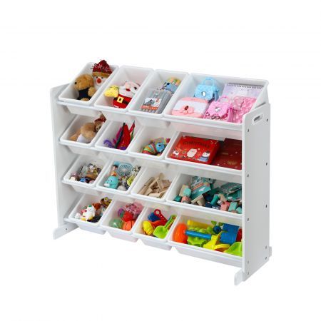 Kids Toy Box Organiser Bookshelf Storage Rack Display Shelf 4 Tier 16 Plastic Bins Drawers Unit White Kidbot 