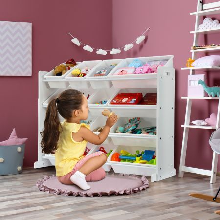 Kids Toy Box Organiser Bookshelf Storage Rack Display Shelf 4 Tier 16 Plastic Bins Drawers Unit White Kidbot 