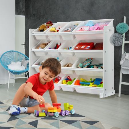 Kids Toy Box Organiser Bookshelf Storage Rack Display Shelf 4 Tier 16 Plastic Bins Drawers Unit White Kidbot 