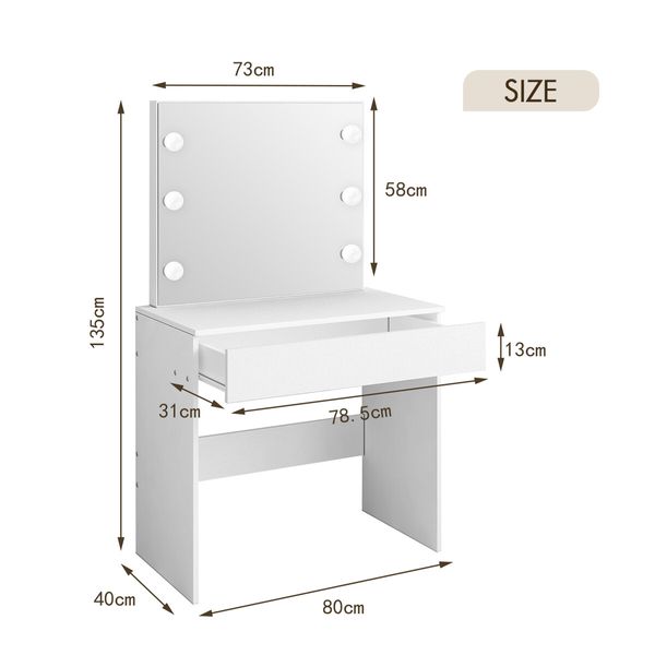 MAXKON Dressing Table Lighted Vanity Desk Makeup Dresser with 6 Bulbs Mirror Large Drawer for Girls Women White