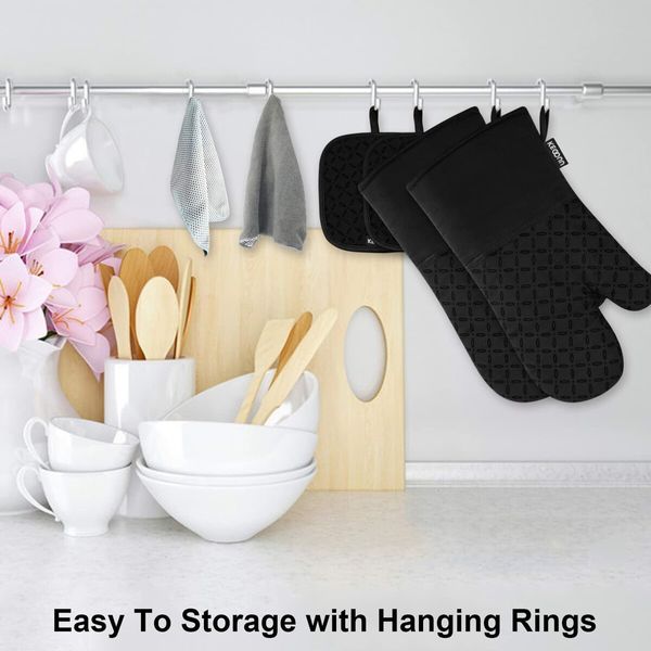 Oven Mitts and Pot Holders 4pcs Oven Glove Extra Long Oven Mitts and Potholder with Non-Slip Silicone Surface for Cooking (Black)