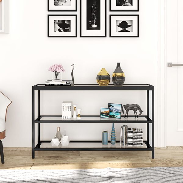 Black Console Sofa Table Hallway Entrance Entryway Display Stand Living Room Furniture Plant Shelf Tempered Glass Top 3 Tiers 