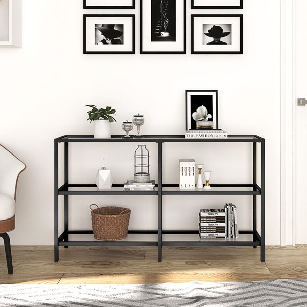 Black Console Table Sofa Hallway Entrance Entryway Display Stand Plant Shelf Living Room Furniture 3 Tiers Tempered Glass Top 