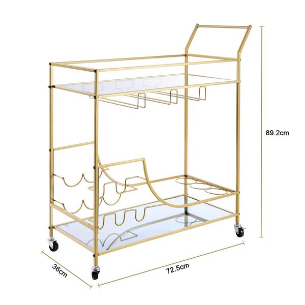 Gold Bar Cart Drinks Trolley Wine Coffee Tea Kitchen Serving Rack Wine Hooks Holders Rack Curtain Wall Mirror Shelves 