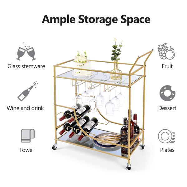 Gold Bar Cart Drinks Trolley Wine Coffee Tea Kitchen Serving Rack Wine Hooks Holders Rack Curtain Wall Mirror Shelves 