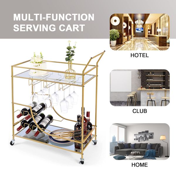 Gold Bar Cart Drinks Trolley Wine Coffee Tea Kitchen Serving Rack Wine Hooks Holders Rack Curtain Wall Mirror Shelves 