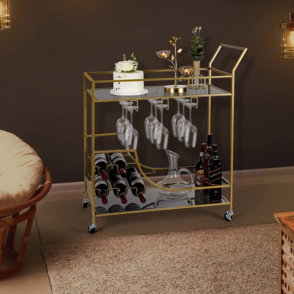 Gold Bar Cart Drinks Trolley Wine Coffee Tea Kitchen Serving Rack Wine Hooks Holders Rack Curtain Wall Mirror Shelves 