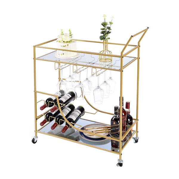 Gold Bar Cart Drinks Trolley Wine Coffee Tea Kitchen Serving Rack Wine Hooks Holders Rack Curtain Wall Mirror Shelves 