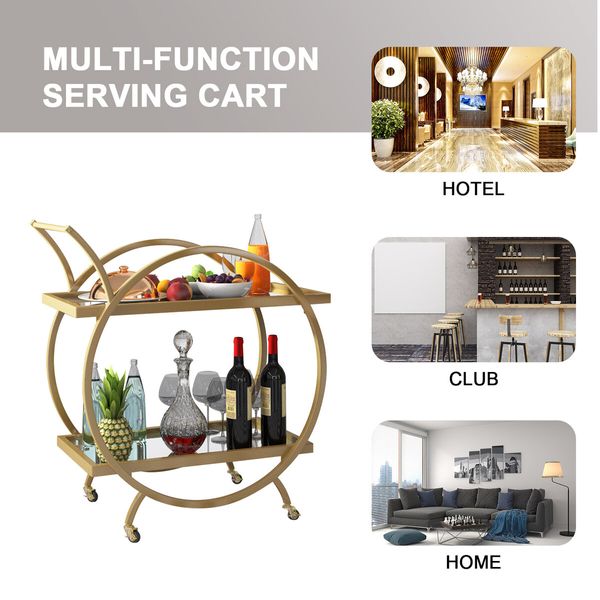 Gold Bar Cart Drinks Trolley Coffee Wine Tea Kitchen Serving Rack Round Outdoor Shelf Vintage with 2 Mirror Shelves Handle  