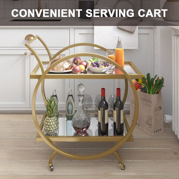 Gold Bar Cart Drinks Trolley Coffee Wine Tea Kitchen Serving Rack Round Outdoor Shelf Vintage with 2 Mirror Shelves Handle  