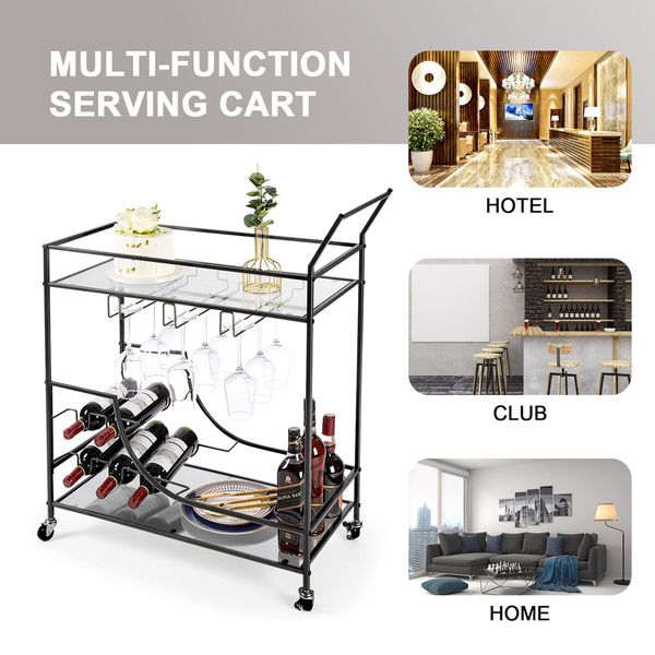 Black Bar Cart Drinks Trolley Coffee Tea Wine Kitchen Serving Rack Wine Holders Hooks Rack Curtain Wall Mirror Shelves