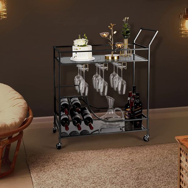 Black Bar Cart Drinks Trolley Coffee Tea Wine Kitchen Serving Rack Wine Holders Hooks Rack Curtain Wall Mirror Shelves