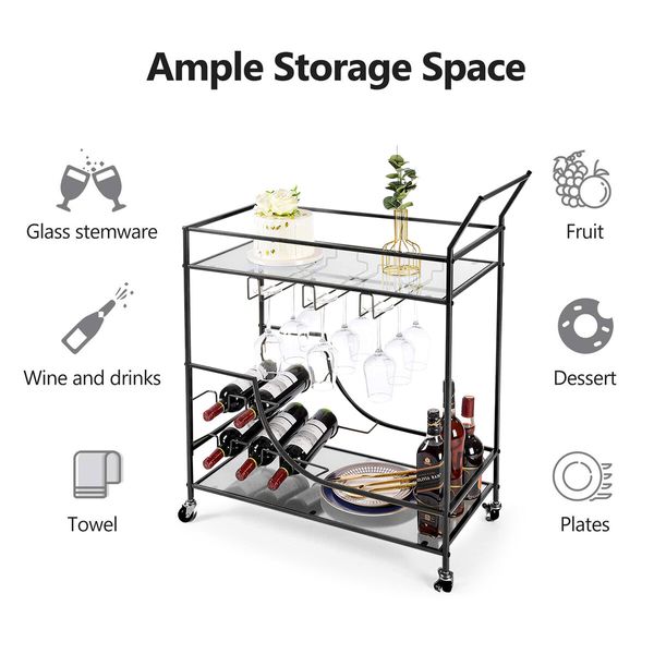 Black Bar Cart Drinks Trolley Coffee Tea Wine Kitchen Serving Rack Wine Holders Hooks Rack Curtain Wall Mirror Shelves