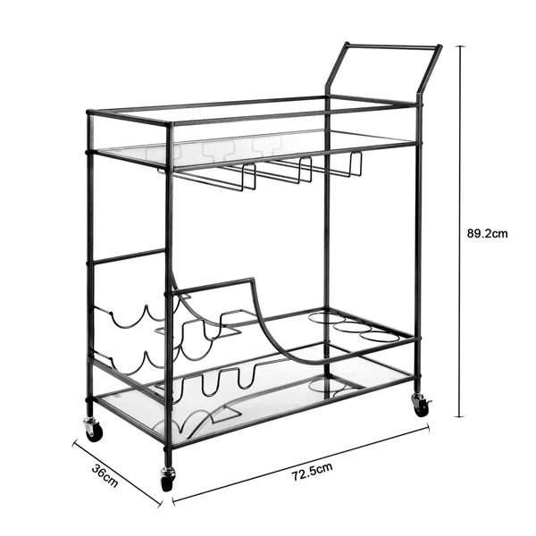 Black Bar Cart Drinks Trolley Coffee Tea Wine Kitchen Serving Rack Wine Holders Hooks Rack Curtain Wall Mirror Shelves