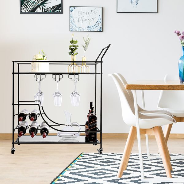 Black Bar Cart Drinks Trolley Coffee Tea Wine Kitchen Serving Rack Wine Holders Hooks Rack Curtain Wall Mirror Shelves