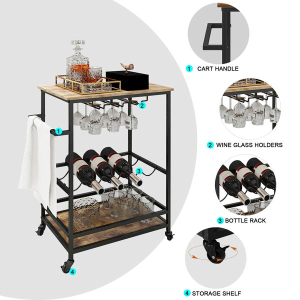 Black Bar Cart Drinks Wine Trolley Coffee Tea Kitchen Serving Rack 2 Tiers Wine Holder Glass Rack Wheels Handle