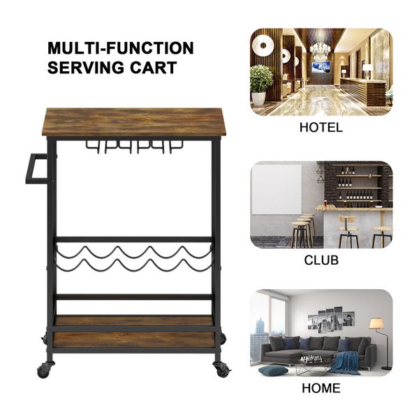 Black Bar Cart Drinks Wine Trolley Coffee Tea Kitchen Serving Rack 2 Tiers Wine Holder Glass Rack Wheels Handle