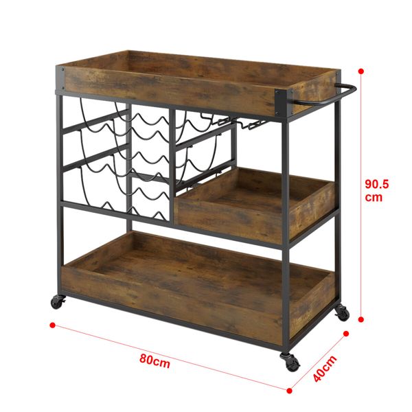 3 Tier Bar Cart Drinks Trolley with Wine Racks Wine Coffee Tea Kitchen Serving Outdoor Storage Shelves 4 Wheels