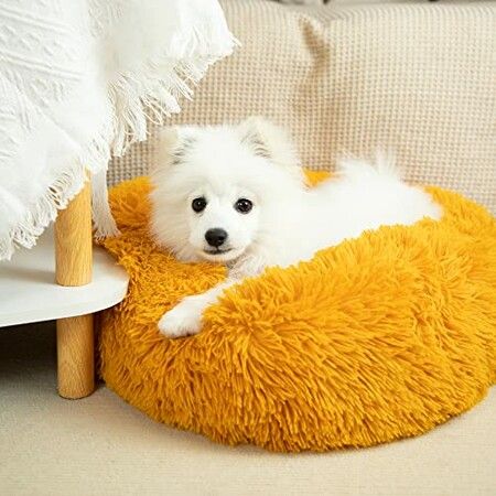 50cm Calming Donut Dog Bed Anti Anxiety Round Fluffy Plush Machine Washable Cuddler Pet Bed Col.Orange