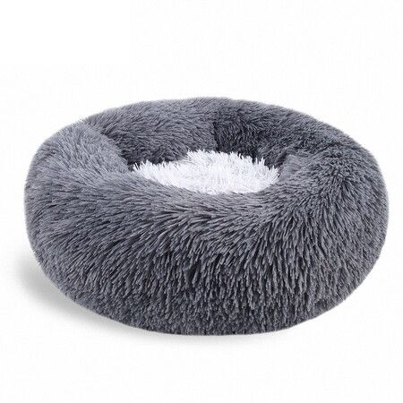 50cm Calming Donut Dog Bed Anti Anxiety Round Fluffy Plush Machine Washable Cuddler Pet Bed Col.DK.Gray