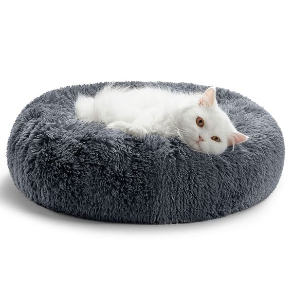 50cm Calming Donut Dog Bed Anti Anxiety Round Fluffy Plush Machine Washable Cuddler Pet Bed Col.DK.Gray