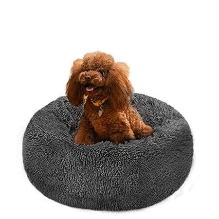 50cm Calming Donut Dog Bed Anti Anxiety Round Fluffy Plush Machine Washable Cuddler Pet Bed Col.DK.Gray