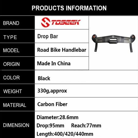 TOSEEK Road Bike Drop Bar Handlebar 440mm, Full Carbon Fiber Handlebar 31.8mm Threadless Integrated Racing Drop Bikes Bar Road Bicycle Accessories