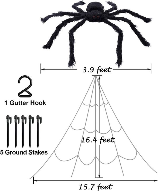 Halloween Decorations Outdoor 200" Halloween Spider Web + 47" Giant Spider Black Fake Hairy Spider with Triangular for Outside Yard,Lawn,Tree