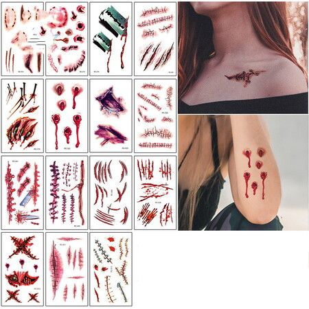 45 Sheets Halloween Waterproof Temporary Tattoos, Horror Realistic Fake Bloody Wound Stitch Scar Scab Black Spider Tattoo Sticker