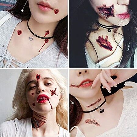 45 Sheets Halloween Waterproof Temporary Tattoos, Horror Realistic Fake Bloody Wound Stitch Scar Scab Black Spider Tattoo Sticker