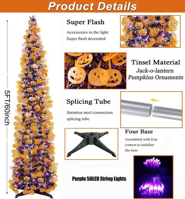 1.5m Tinsel Halloween Tree Sequins Party Indoor Outdoor Green Spider