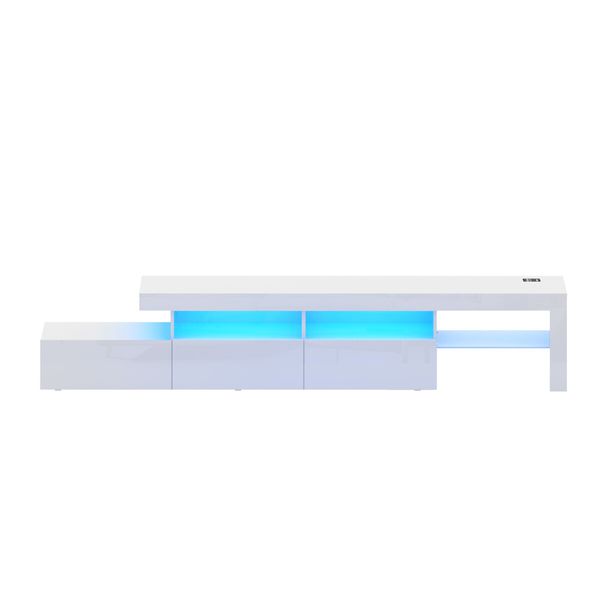 Luxsuite Smart TV Unit Stand White Entertainment Centre LED Storage Cabinet Console Table Bench Shelf Rack 3 Drawers Full High Gloss Finish Human Induction