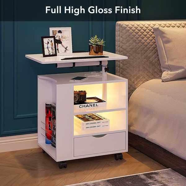 Luxsuite Smart Bedside Table White LED Cabinet Storage Nightstand Bedroom Full High Gloss Finish with Drawer Adjustable Laptop Desk 2 Shelves USB Type-C Port