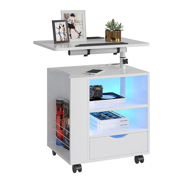 Luxsuite Smart Bedside Table White LED Cabinet Storage Nightstand Bedroom Full High Gloss Finish with Drawer Adjustable Laptop Desk 2 Shelves USB Type-C Port