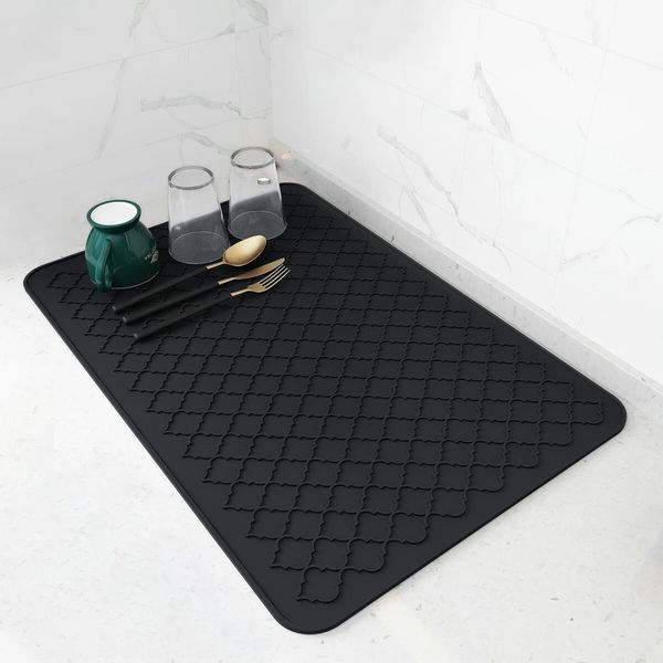 16"x12’’ Silicone Dish Drying Mats for Kitchen Counter, Non-Slip Sink Mat, Heat Resistant Hot Pot Holder 2 Pack Black