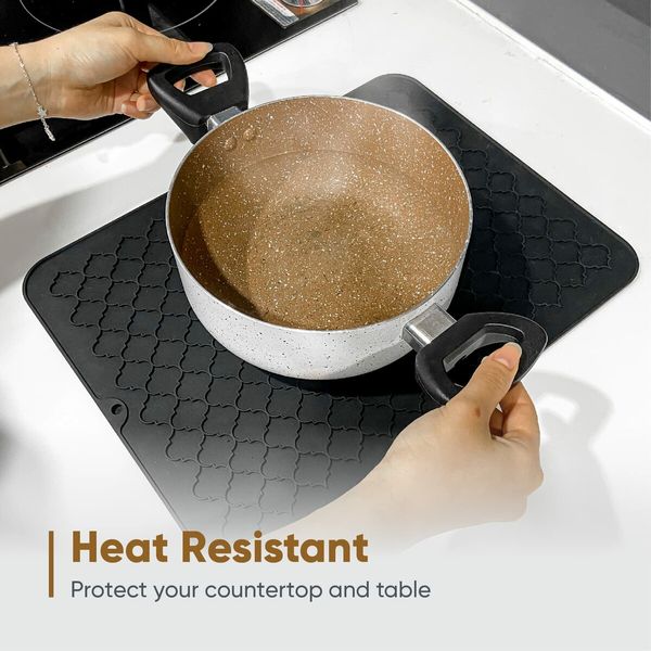 16"x12’’ Silicone Dish Drying Mats for Kitchen Counter, Non-Slip Sink Mat, Heat Resistant Hot Pot Holder 2 Pack Black