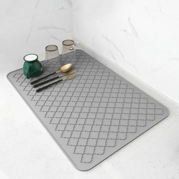 16"x12’’ Silicone Dish Drying Mats for Kitchen Counter, Non-Slip Sink Mat, Heat Resistant Hot Pot Holder 2 Pack Gray