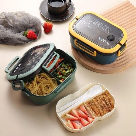 Portable Hermetic Lunch Box 2 Layer Grid Children Student Bento Box with Fork Spoon Leakproof Microwavable Prevent Odor