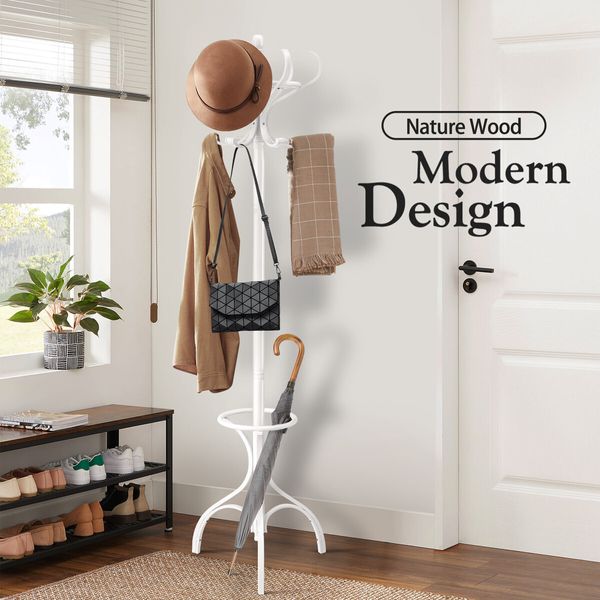 Tree Style Wooden Clothing Rack Coat Stand Hat Bag Garment Hanger Umbrella Holder 12 Hooks – Walnut